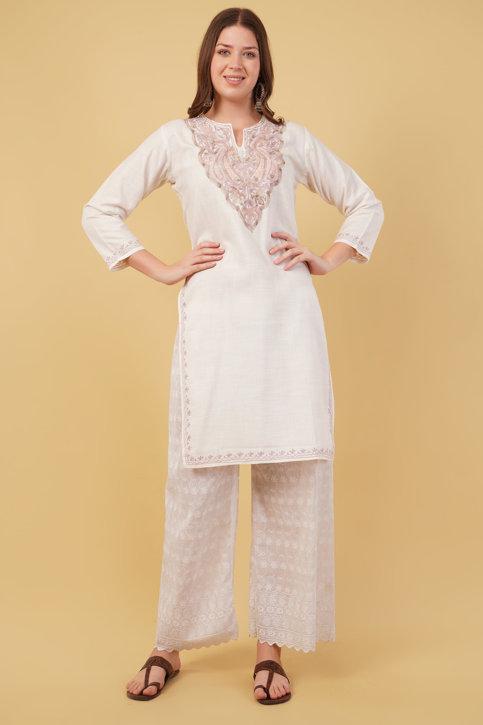 Kashmiri Aari embroidery Cotton Long Kurti Size-40(White)