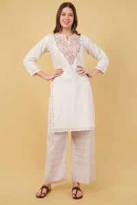 Kashmiri Aari embroidery Cotton Long Kurti Size-40(White)