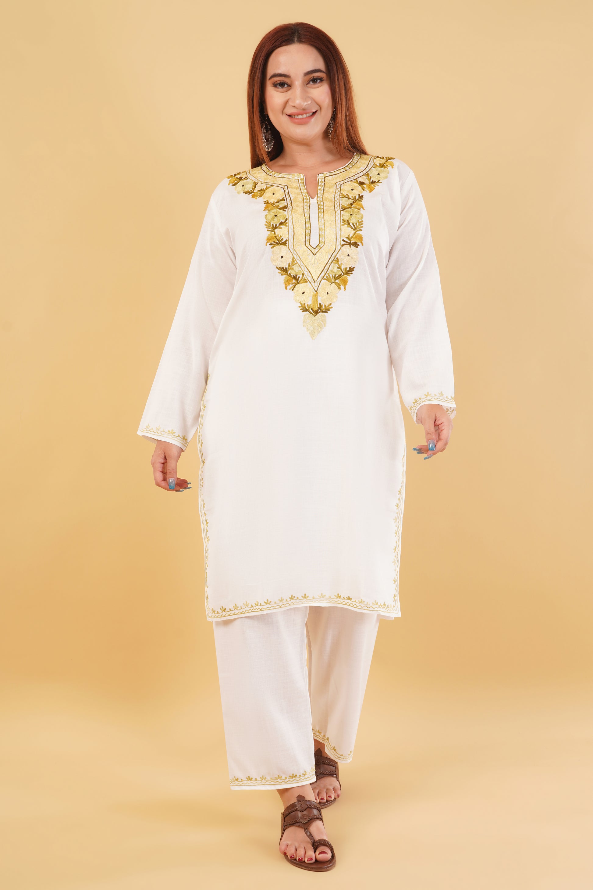 Kashmiri Aari embroidery Cotton Co-ord set Size-44 (White)