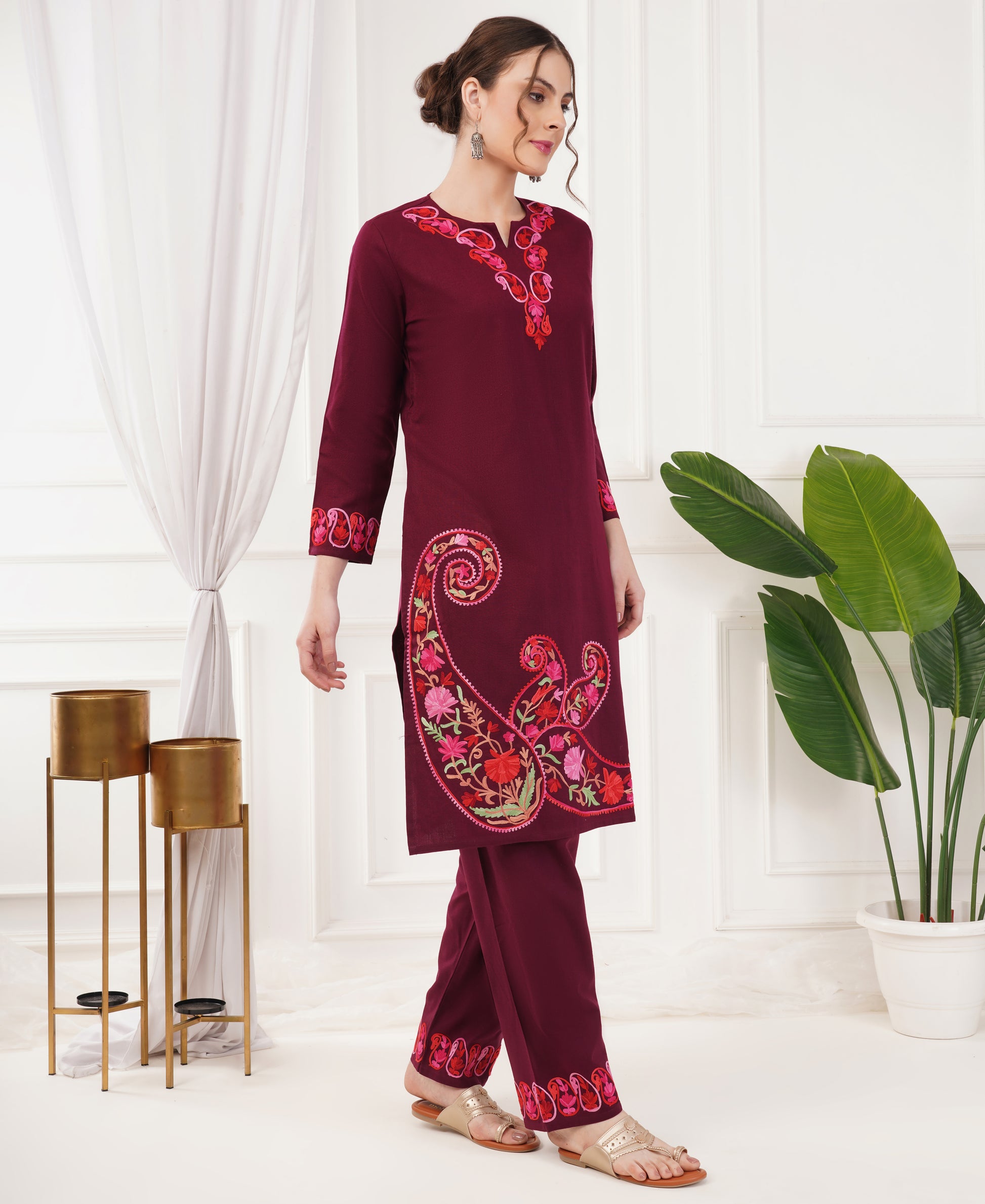 Pure Acro Wool Kashmiri Aari Work Kurti, Pant & Shawl Set (Wine)