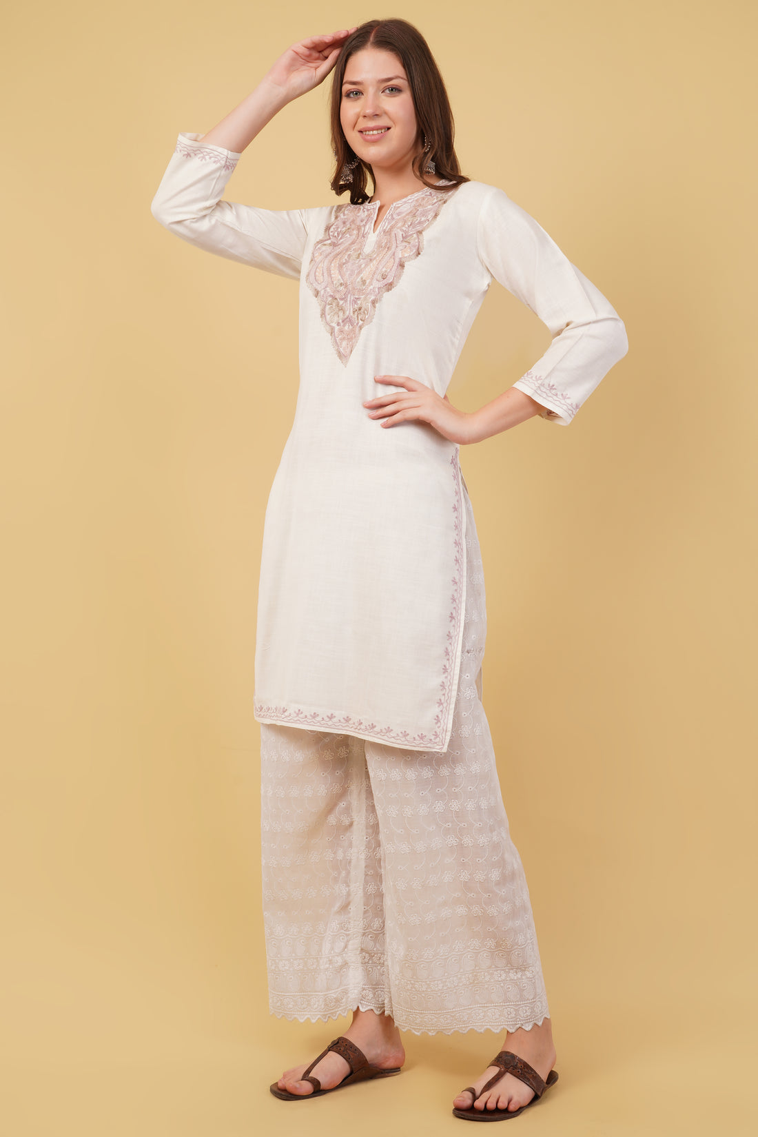 Kashmiri Aari embroidery Cotton Long Kurti Size-40(White)