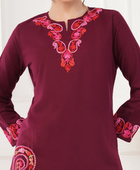 Pure Acro Wool Kashmiri Aari Work Kurti, Pant & Shawl Set (Wine)