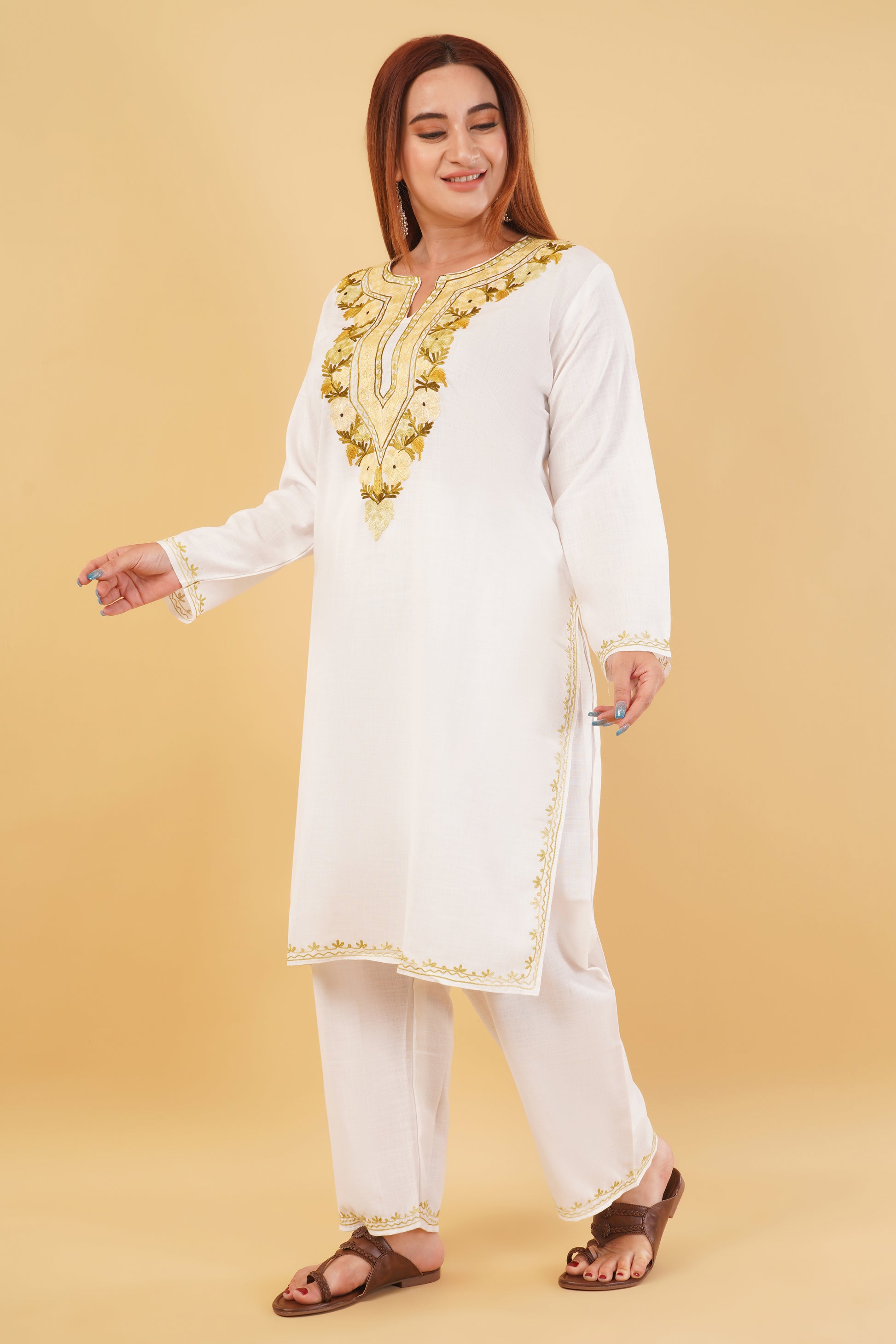 Kashmiri Aari embroidery Cotton Co-ord set Size-44 (White)
