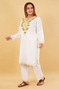 Kashmiri Aari embroidery Cotton Co-ord set Size-44 (White)