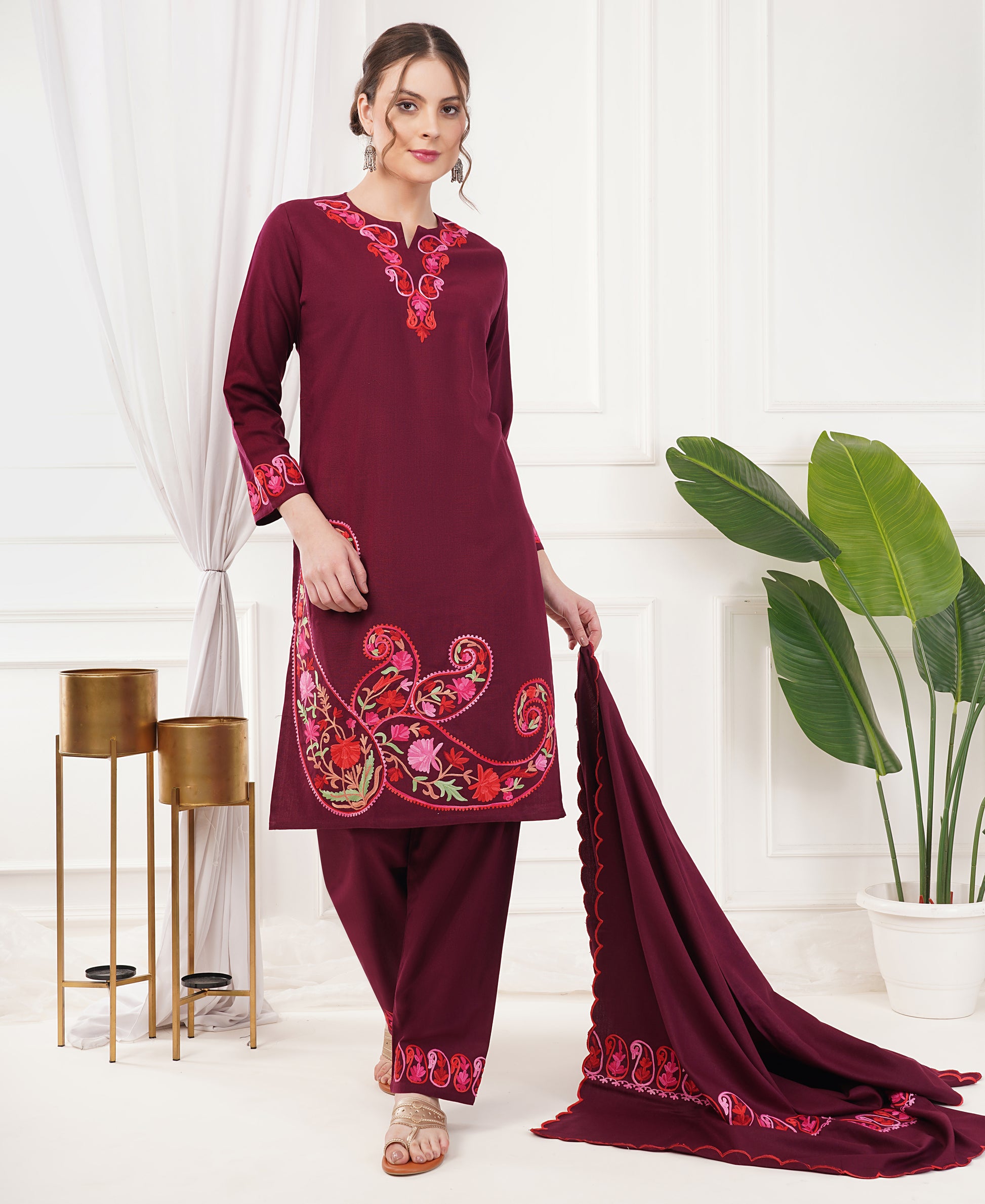 Pure Acro Wool Kashmiri Aari Work Kurti, Pant & Shawl Set (Wine)