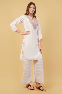 Kashmiri Aari embroidery Cotton Long Kurti Size-40(White)