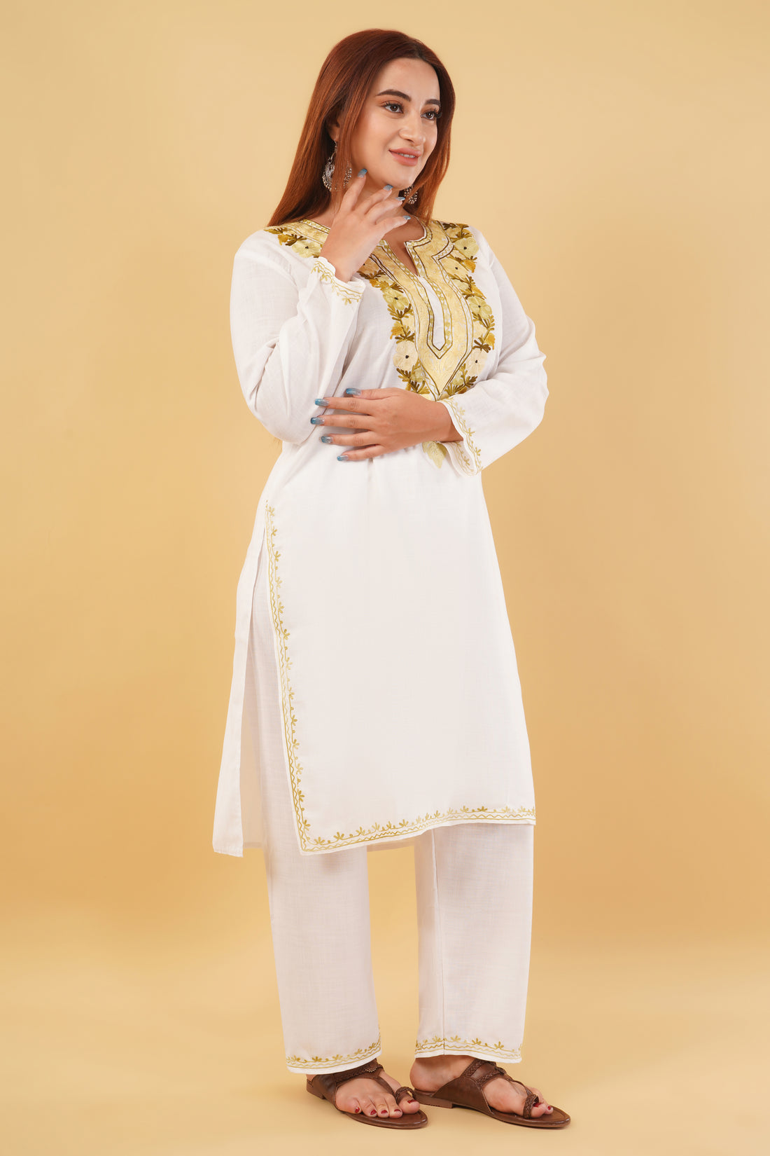 Kashmiri Aari embroidery Cotton Co-ord set Size-44 (White)