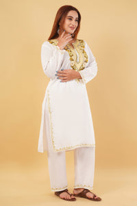 Kashmiri Aari embroidery Cotton Co-ord set Size-44 (White)