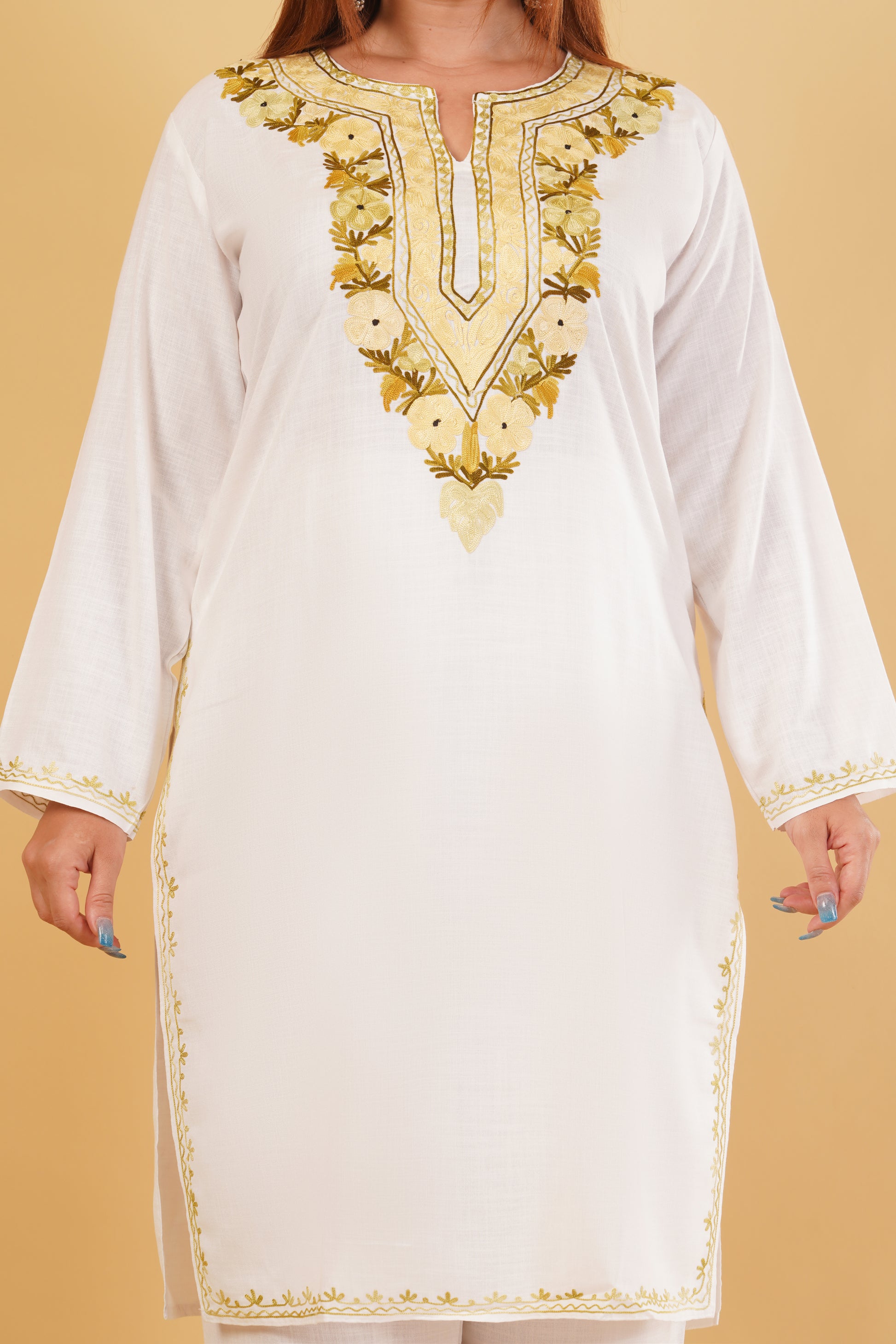 Kashmiri Aari embroidery Cotton Co-ord set Size-44 (White)