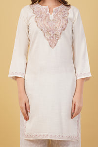 Kashmiri Aari embroidery Cotton Long Kurti Size-40(White)