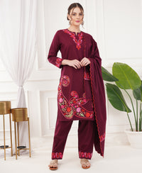 Pure Acro Wool Kashmiri Aari Work Kurti, Pant & Shawl Set (Wine)