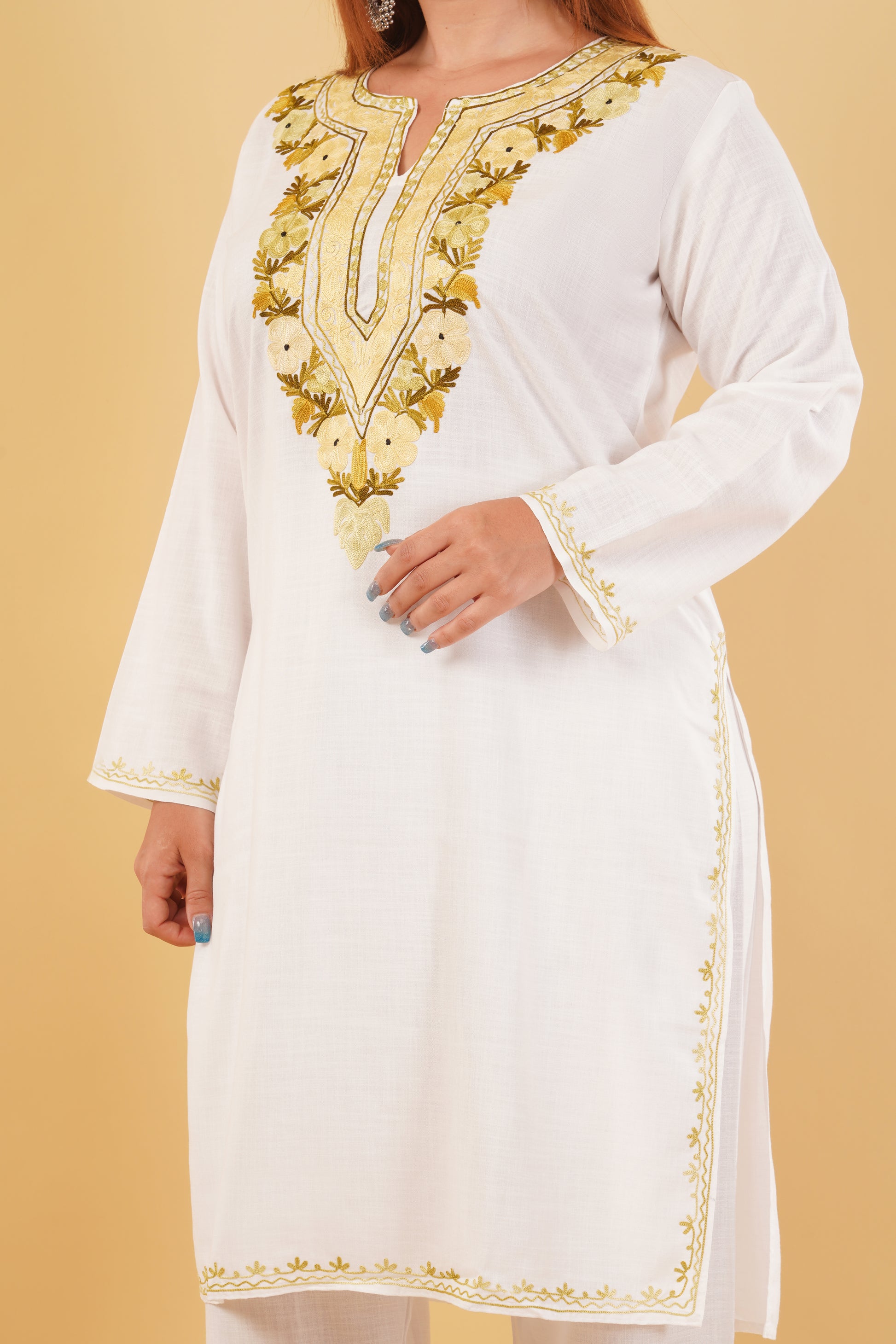Kashmiri Aari embroidery Cotton Co-ord set Size-44 (White)