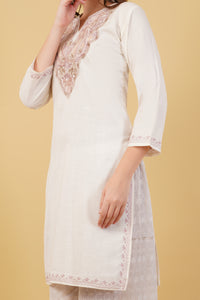 Kashmiri Aari embroidery Cotton Long Kurti Size-40(White)