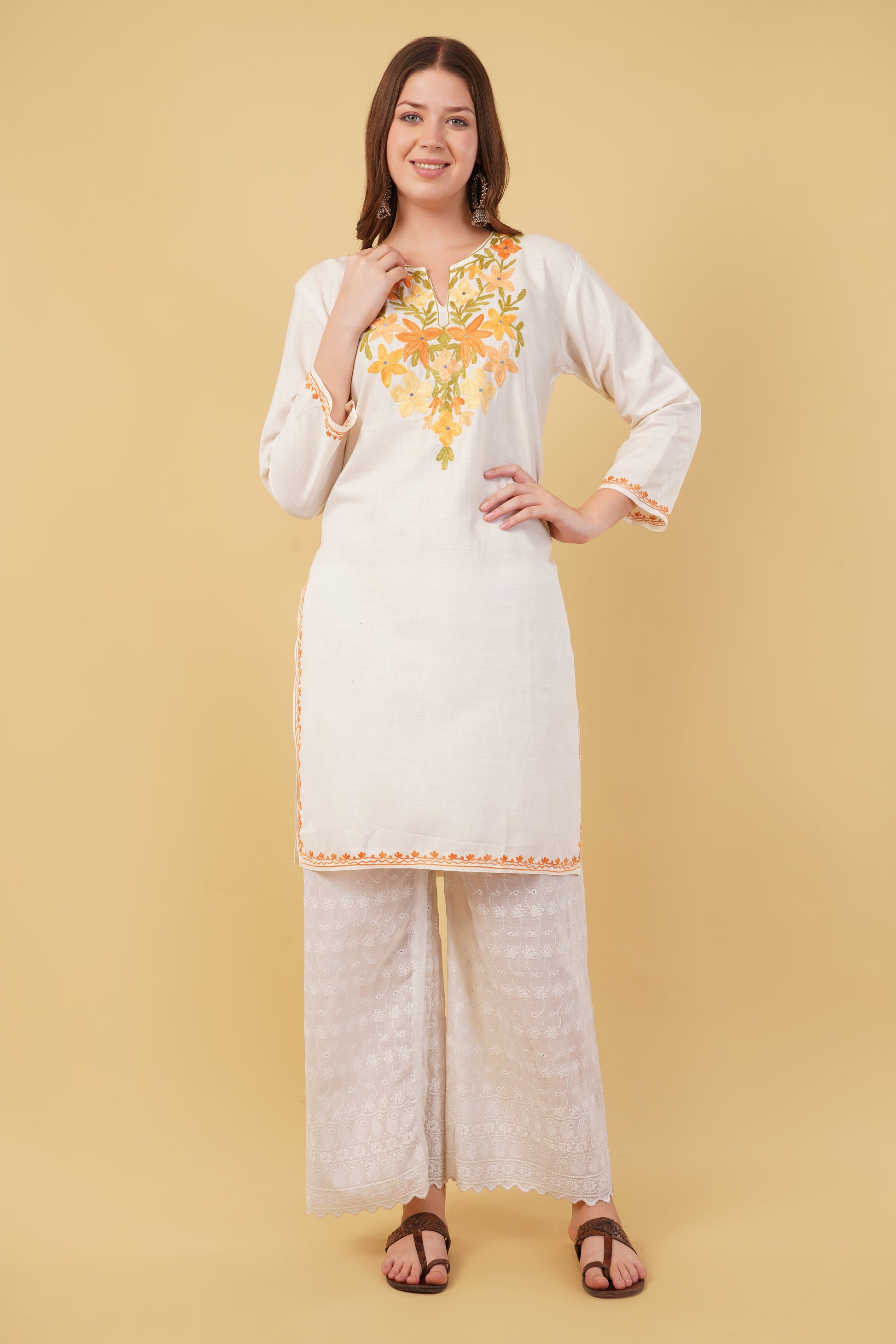 Kashmiri Aari embroidery Cotton Long Kurti Size-40(White)