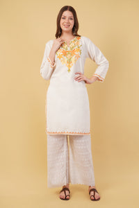 Kashmiri Aari embroidery Cotton Long Kurti Size-40(White)