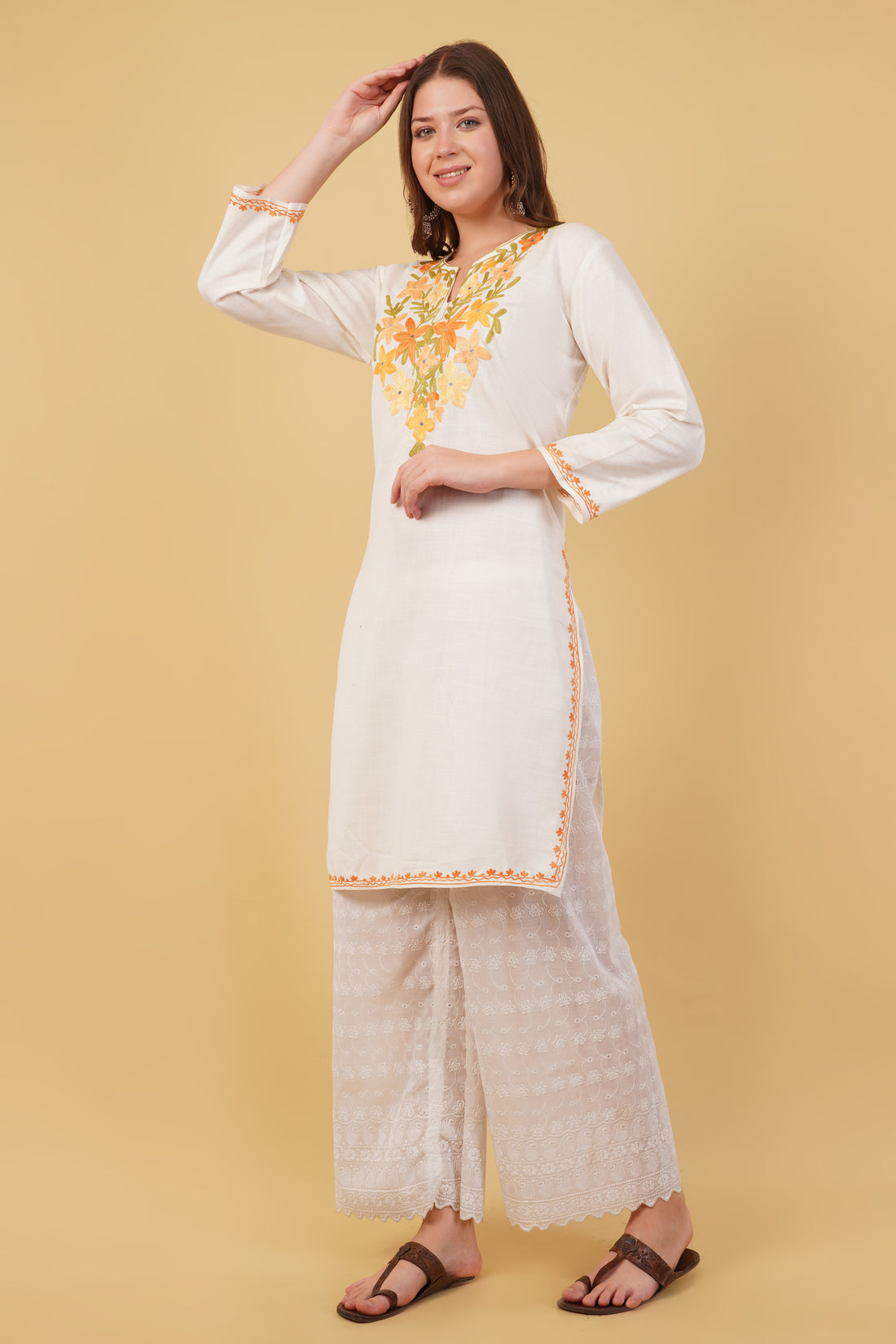 Kashmiri Aari embroidery Cotton Long Kurti Size-40(White)