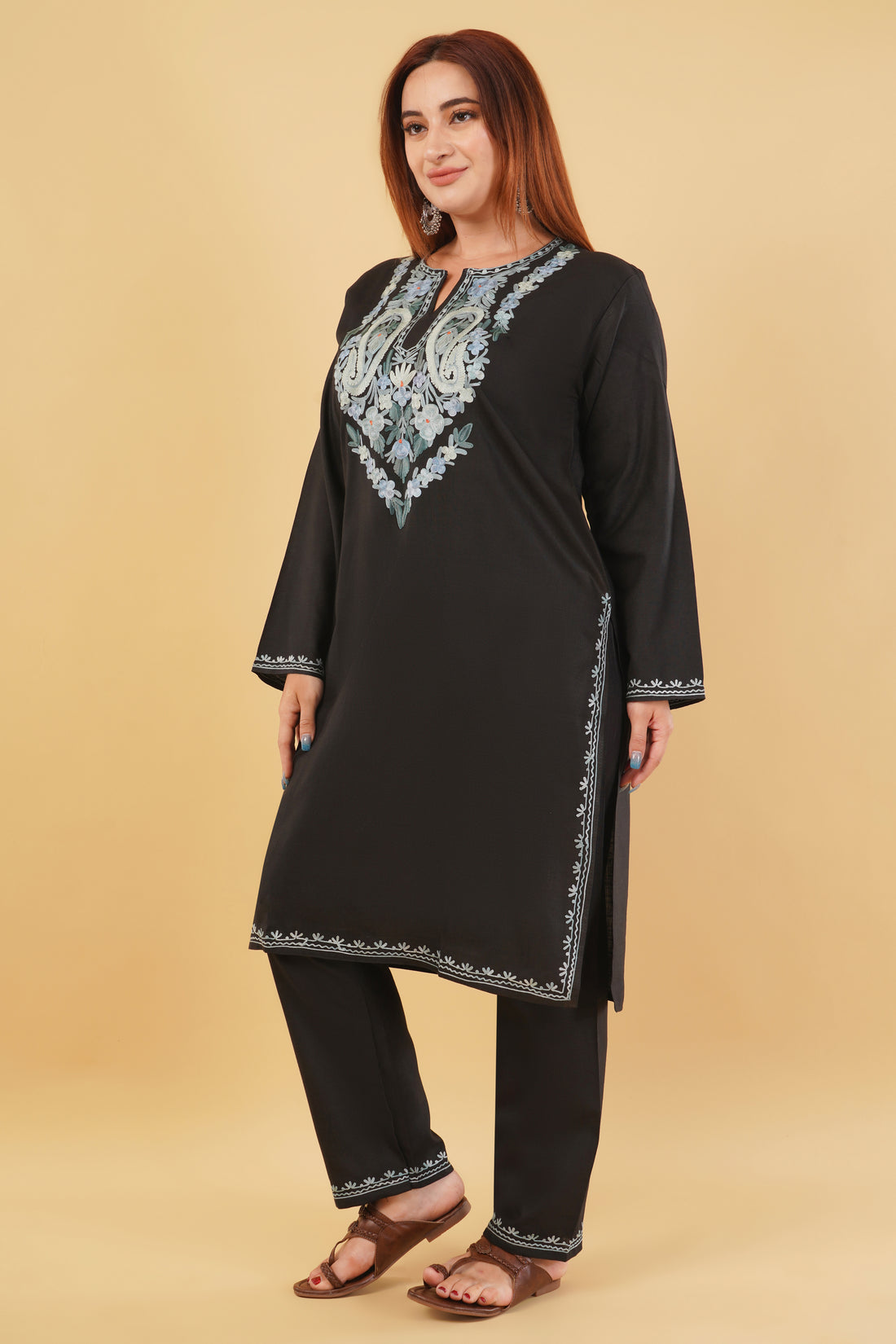 Kashmiri Aari embroidery Cotton Co-ord set Size-44 (Black)