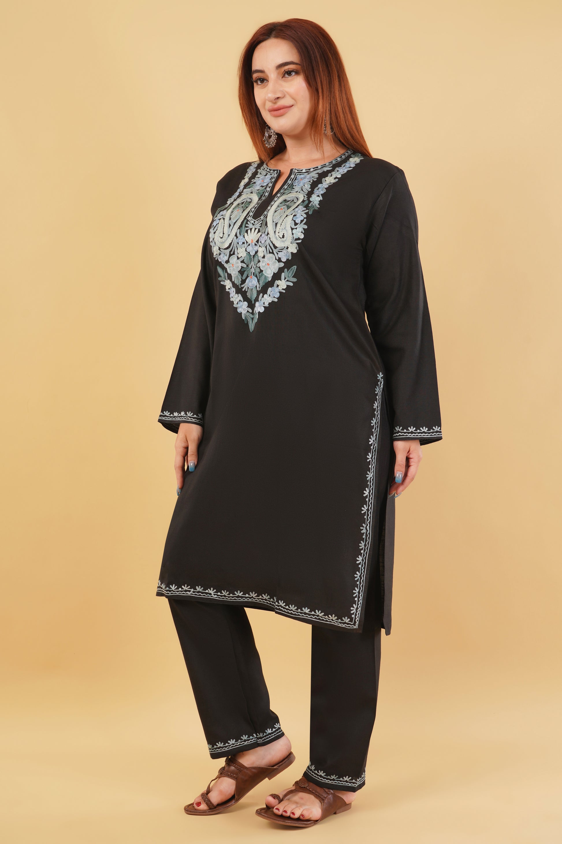 Kashmiri Aari embroidery Cotton Co-ord set Size-44 (Black)