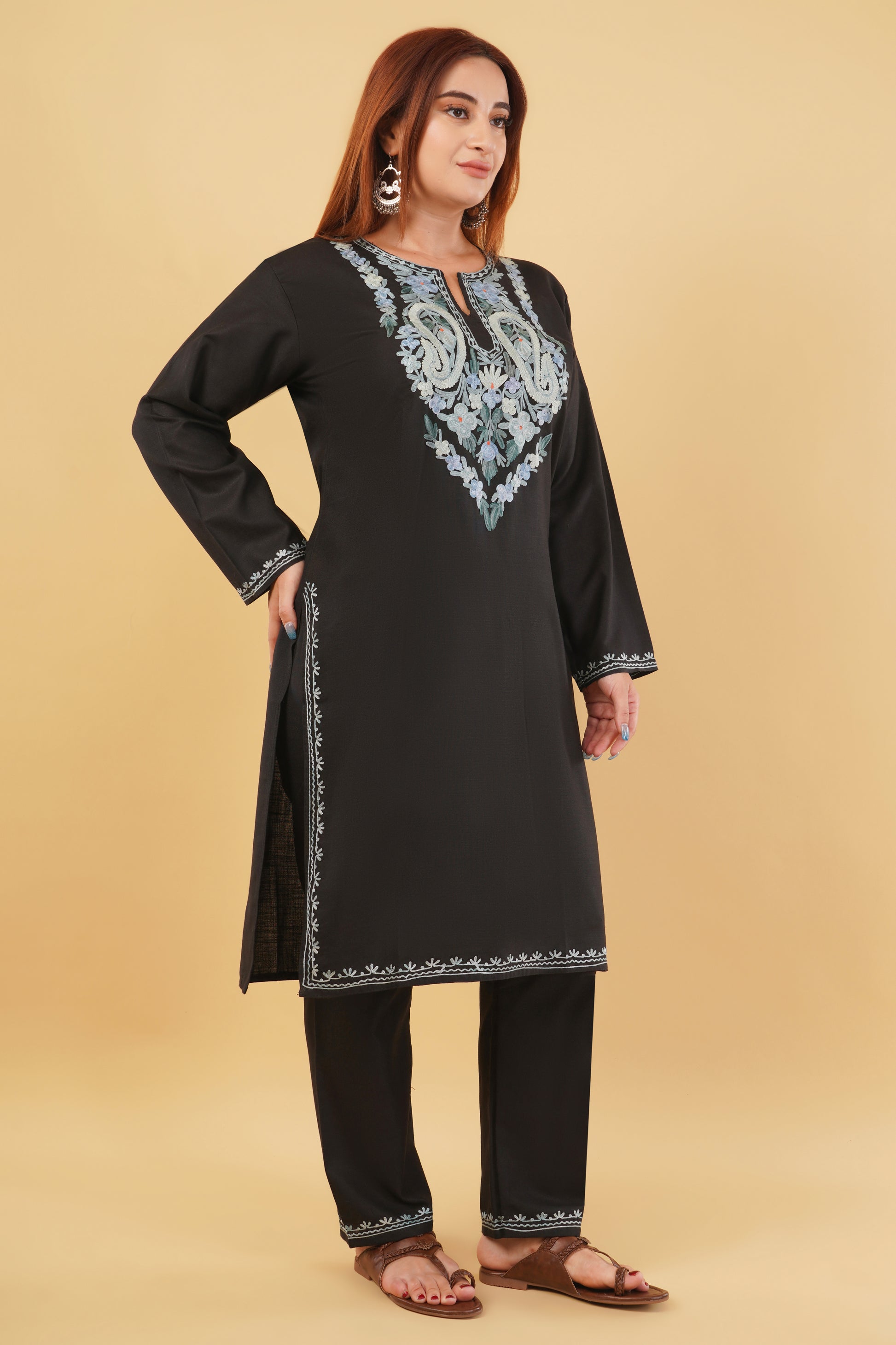Kashmiri Aari embroidery Cotton Co-ord set Size-44 (Black)