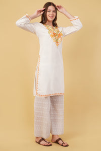 Kashmiri Aari embroidery Cotton Long Kurti Size-40(White)