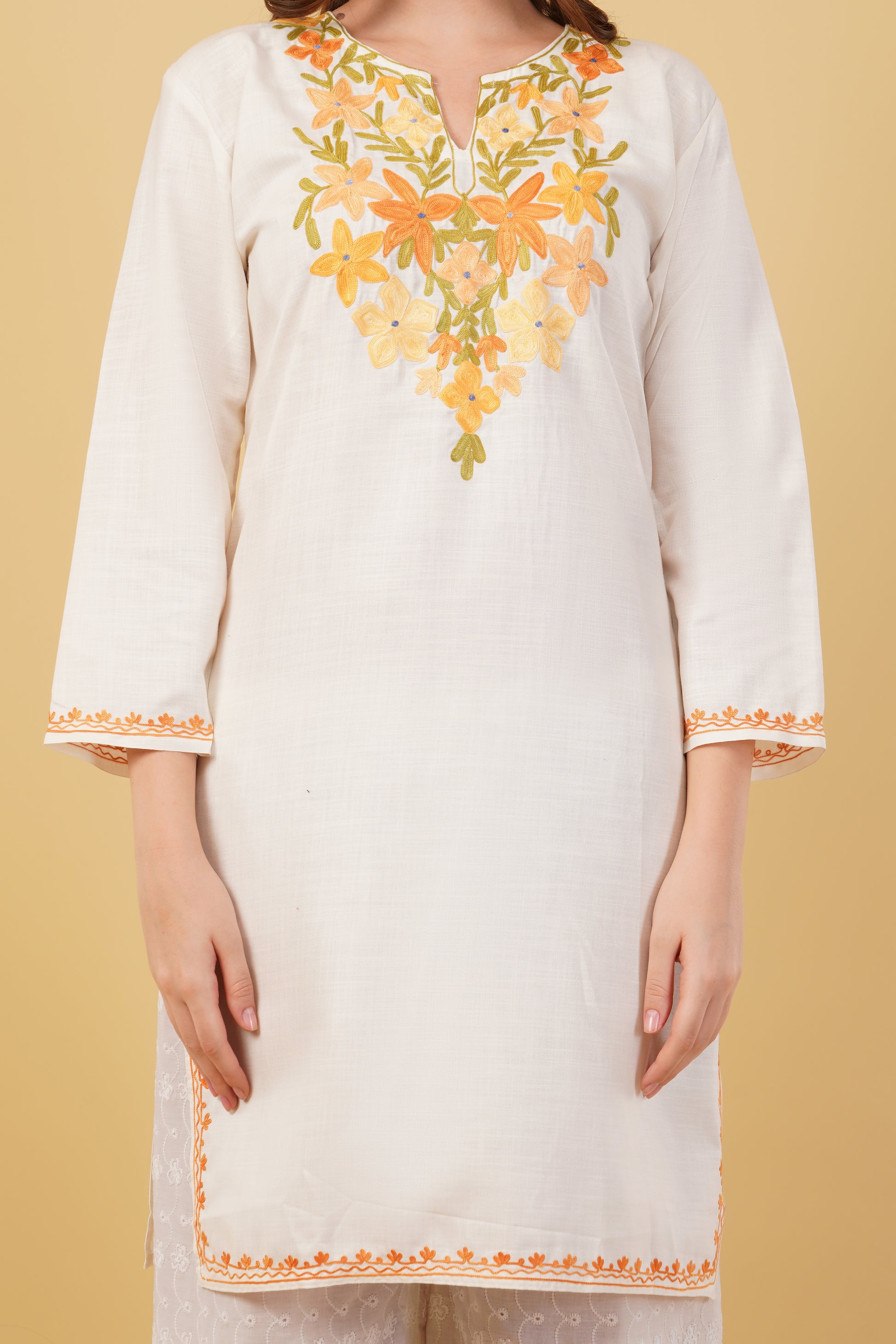 Kashmiri Aari embroidery Cotton Long Kurti Size-40(White)