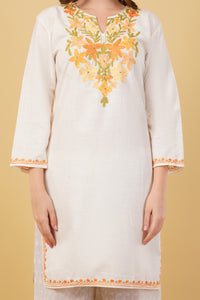 Kashmiri Aari embroidery Cotton Long Kurti Size-40(White)