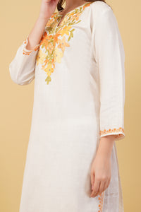 Kashmiri Aari embroidery Cotton Long Kurti Size-40(White)