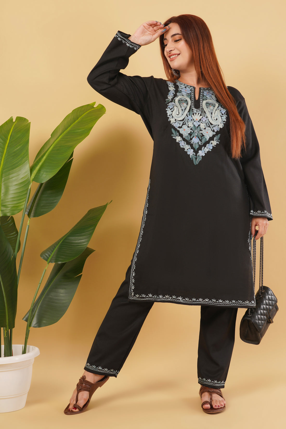 Kashmiri Aari embroidery Cotton Co-ord set Size-44 (Black)