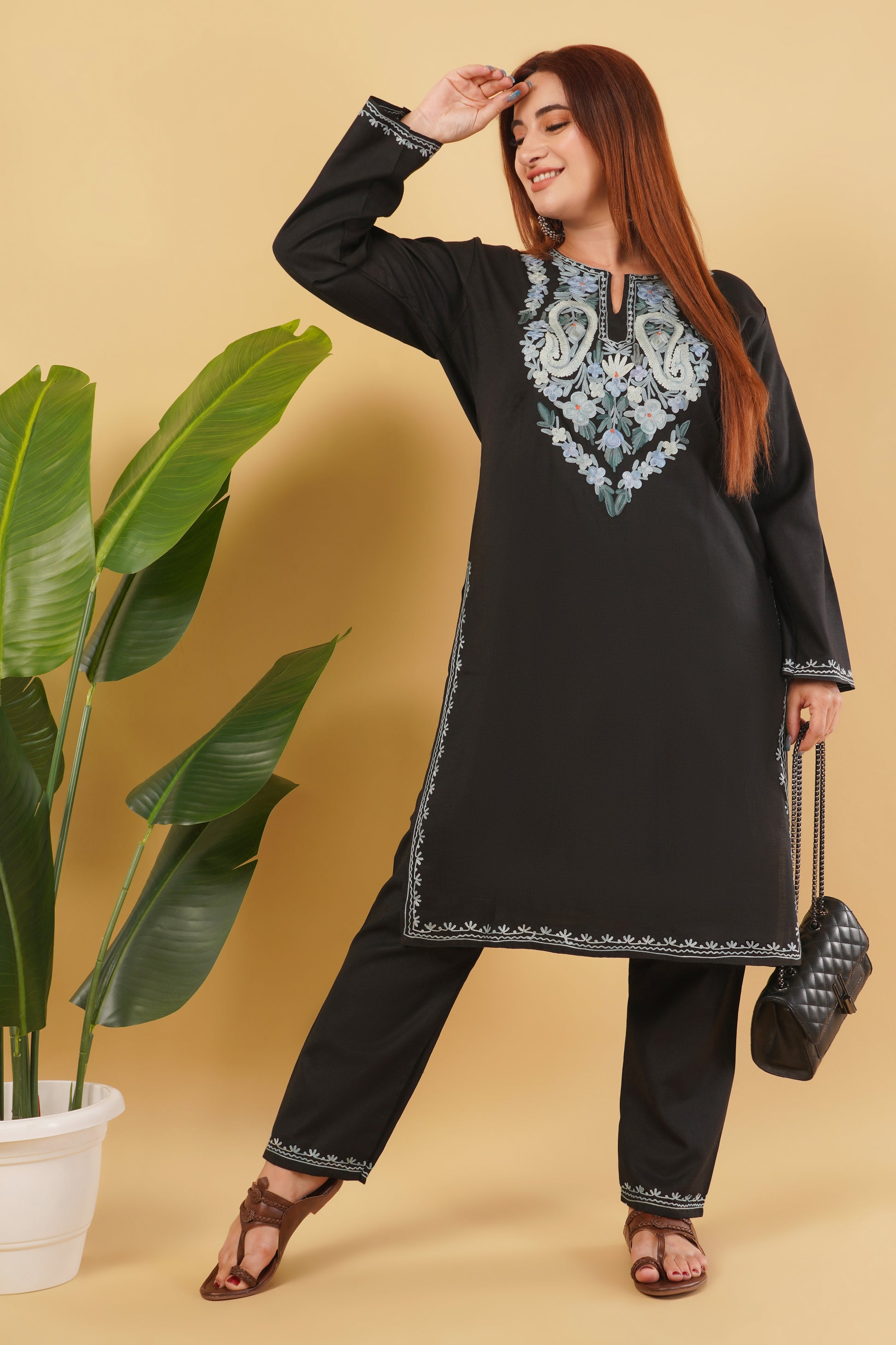 Kashmiri Aari embroidery Cotton Co-ord set Size-44 (Black)
