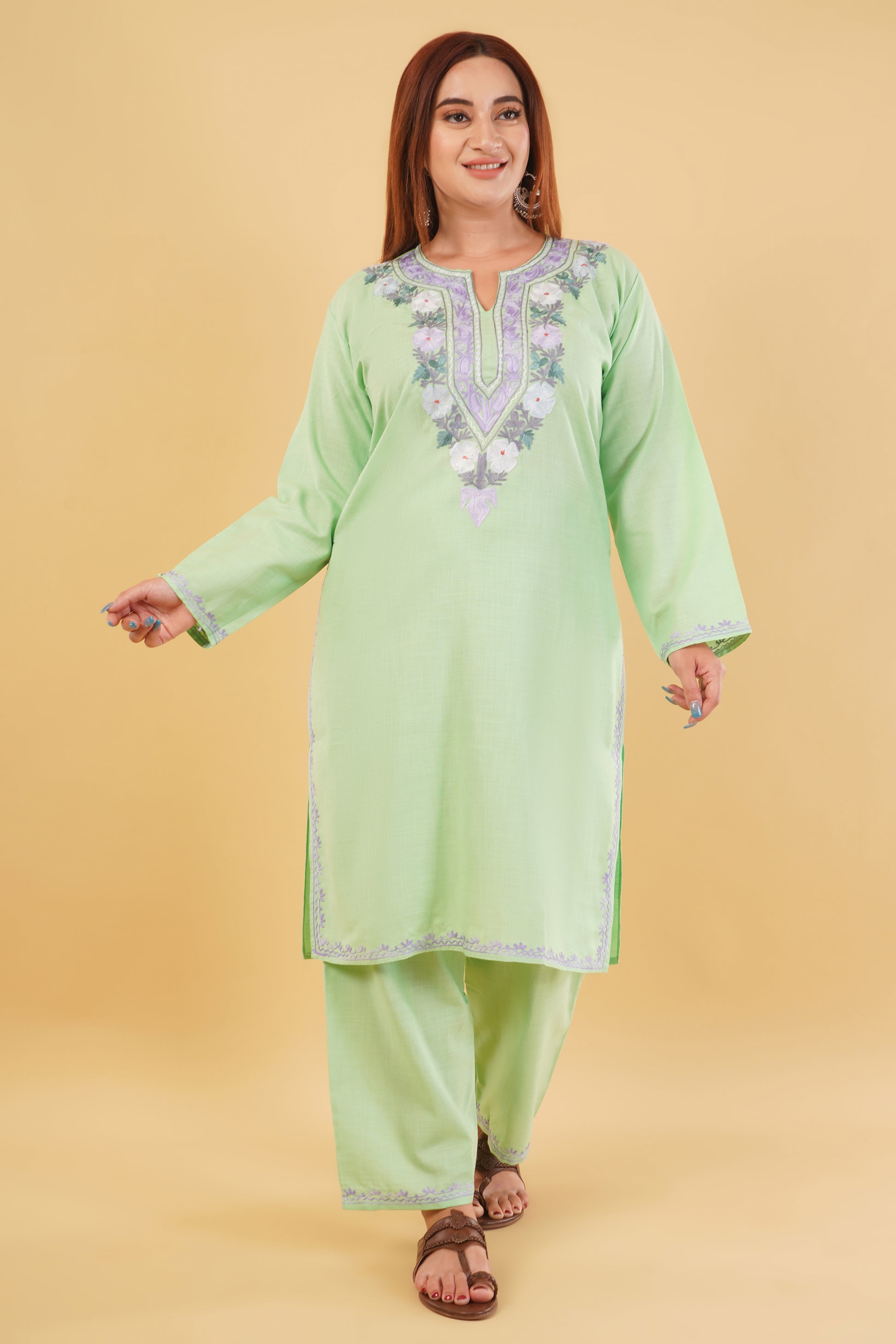 Kashmiri Aari embroidery Cotton Co-ord set Size-44 (Green)