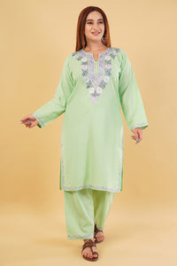 Kashmiri Aari embroidery Cotton Co-ord set Size-44 (Green)