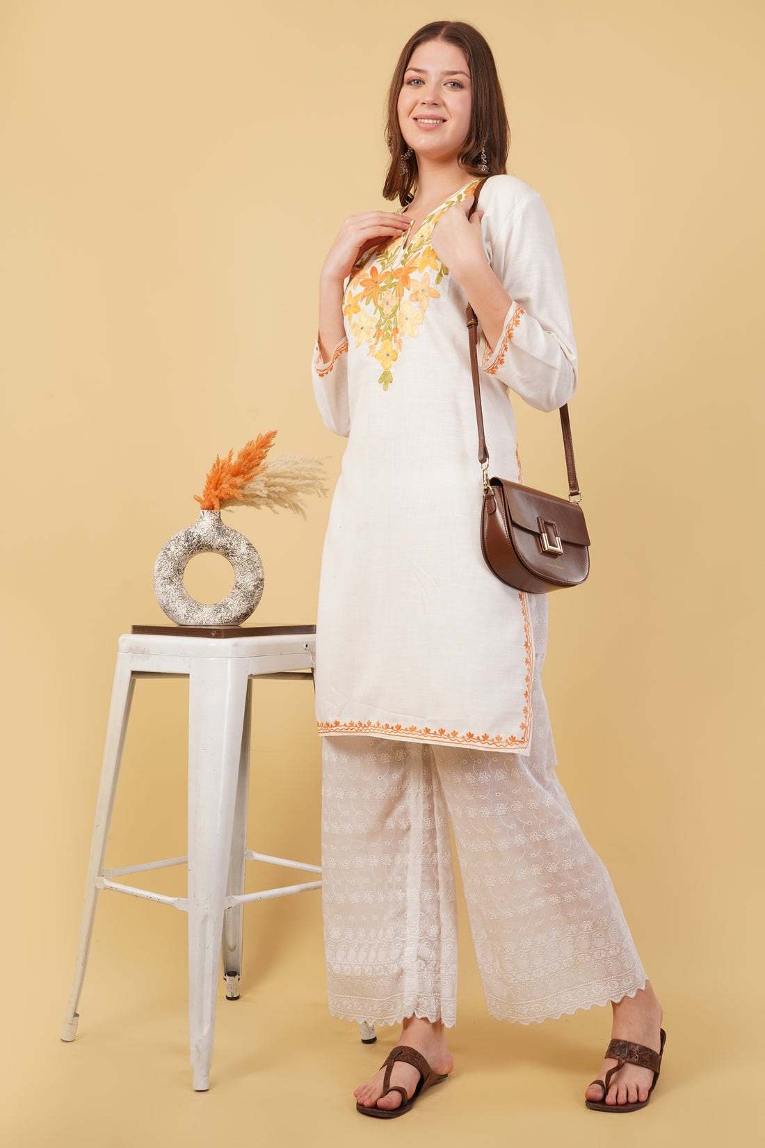 Kashmiri Aari embroidery Cotton Long Kurti Size-40(White)