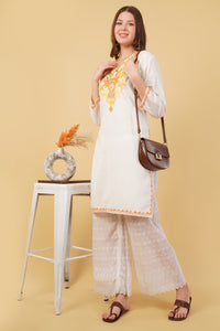 Kashmiri Aari embroidery Cotton Long Kurti Size-40(White)