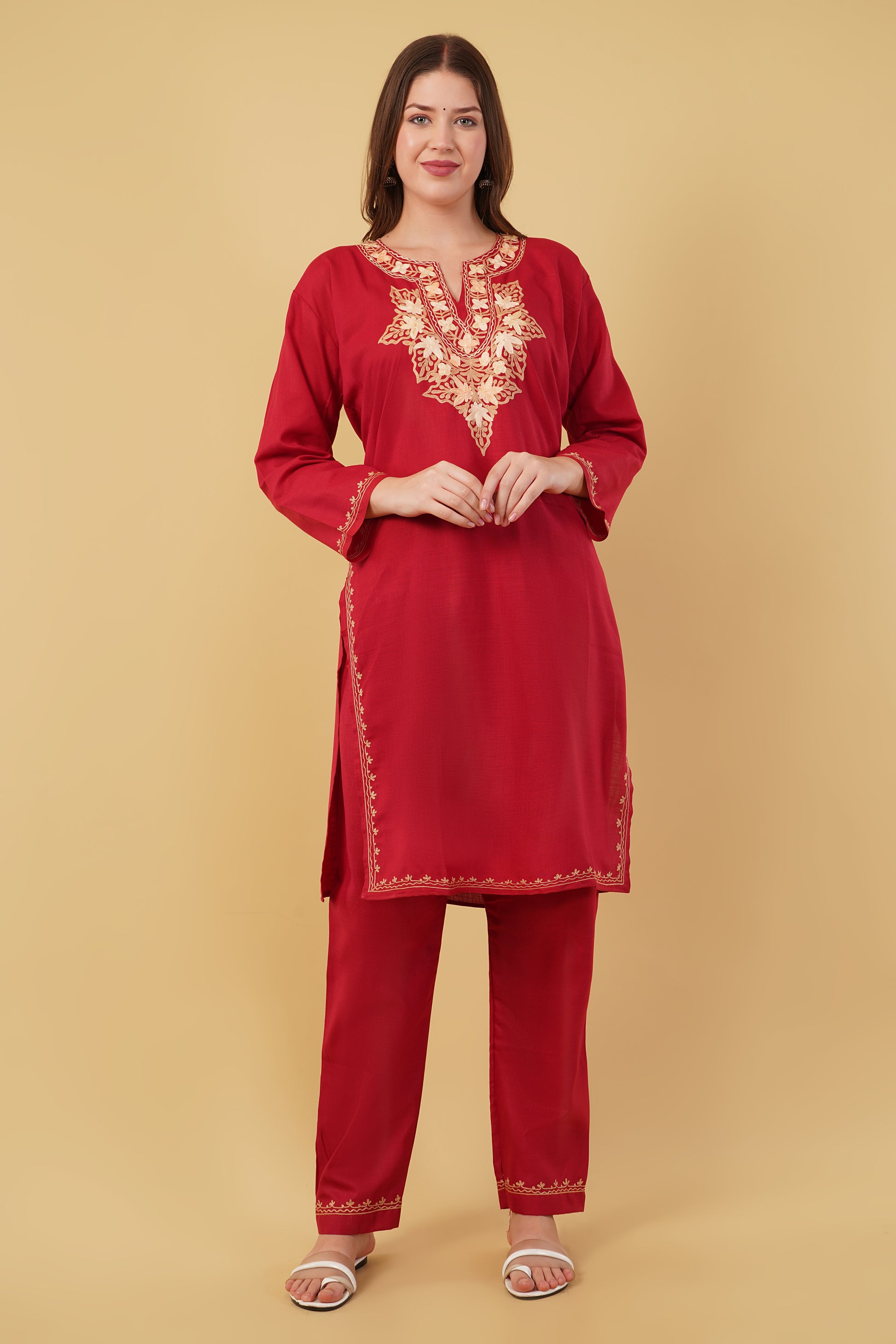 Kashmiri Aari embroidery Cotton Co-ord set Size-40(Red)