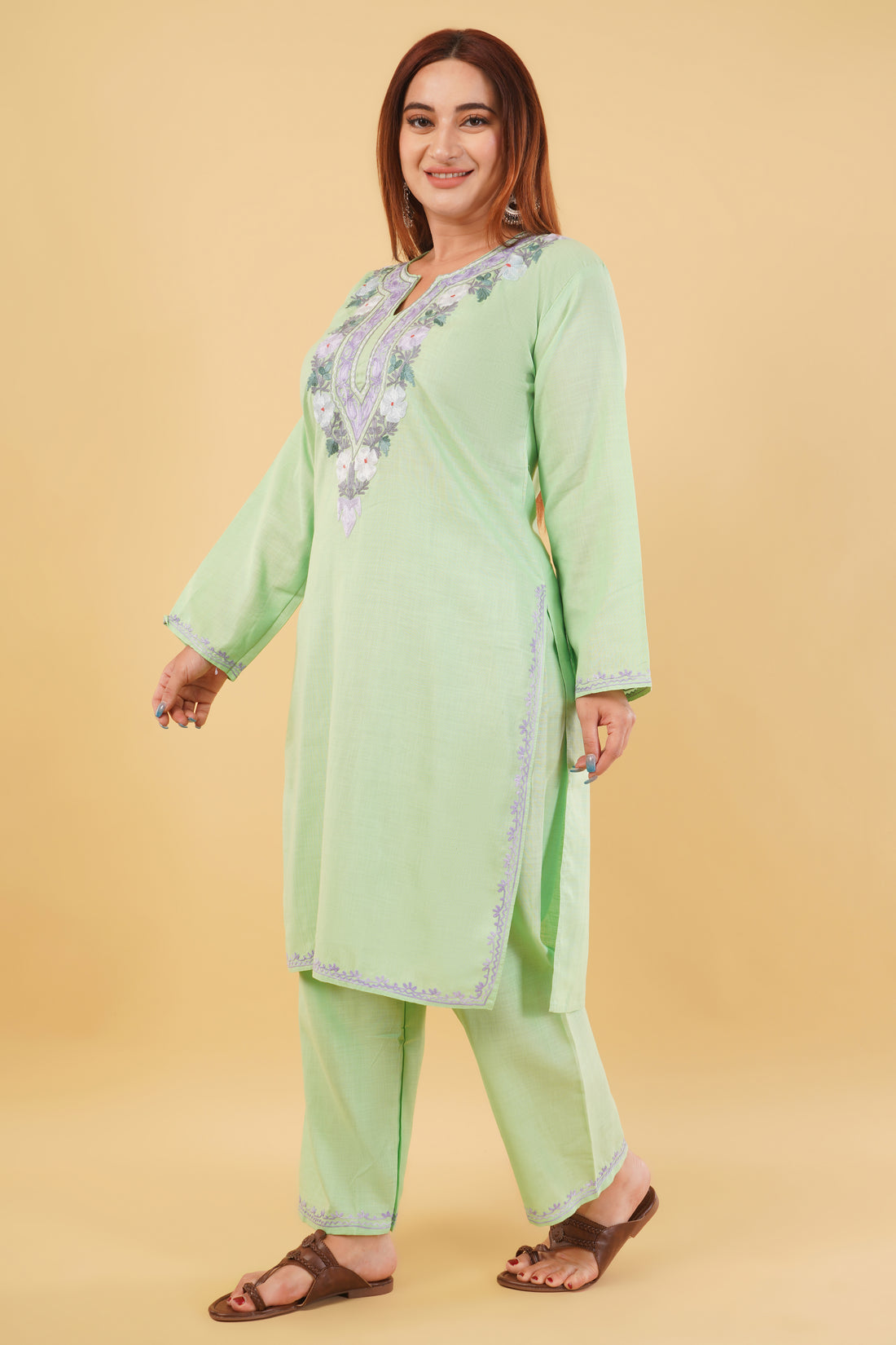 Kashmiri Aari embroidery Cotton Co-ord set Size-44 (Green)