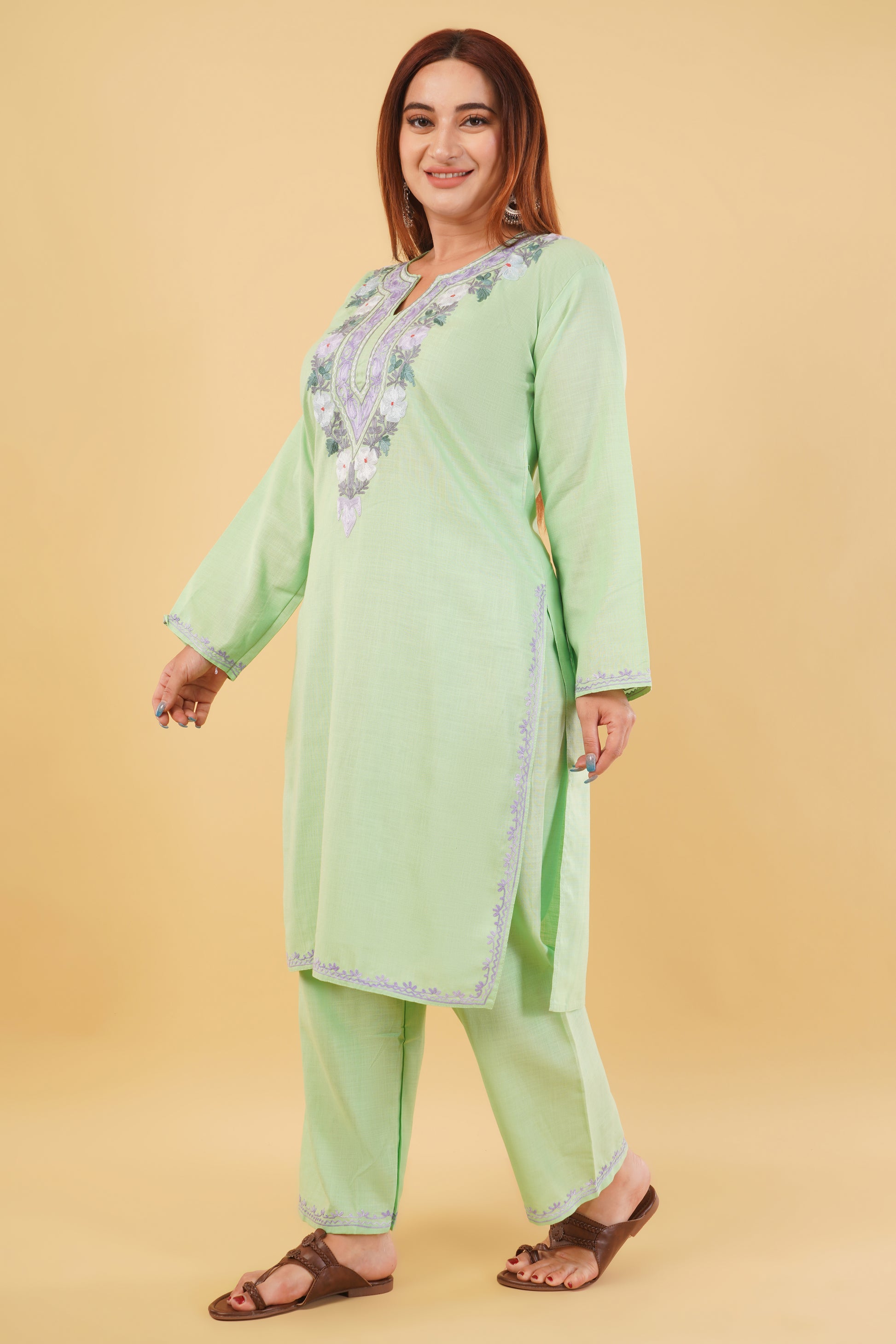 Kashmiri Aari embroidery Cotton Co-ord set Size-44 (Green)