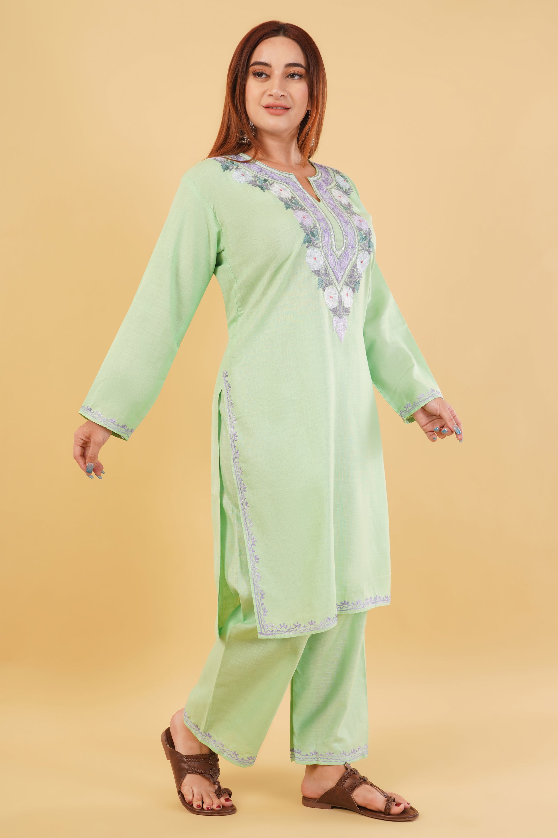 Kashmiri Aari embroidery Cotton Co-ord set Size-44 (Green)