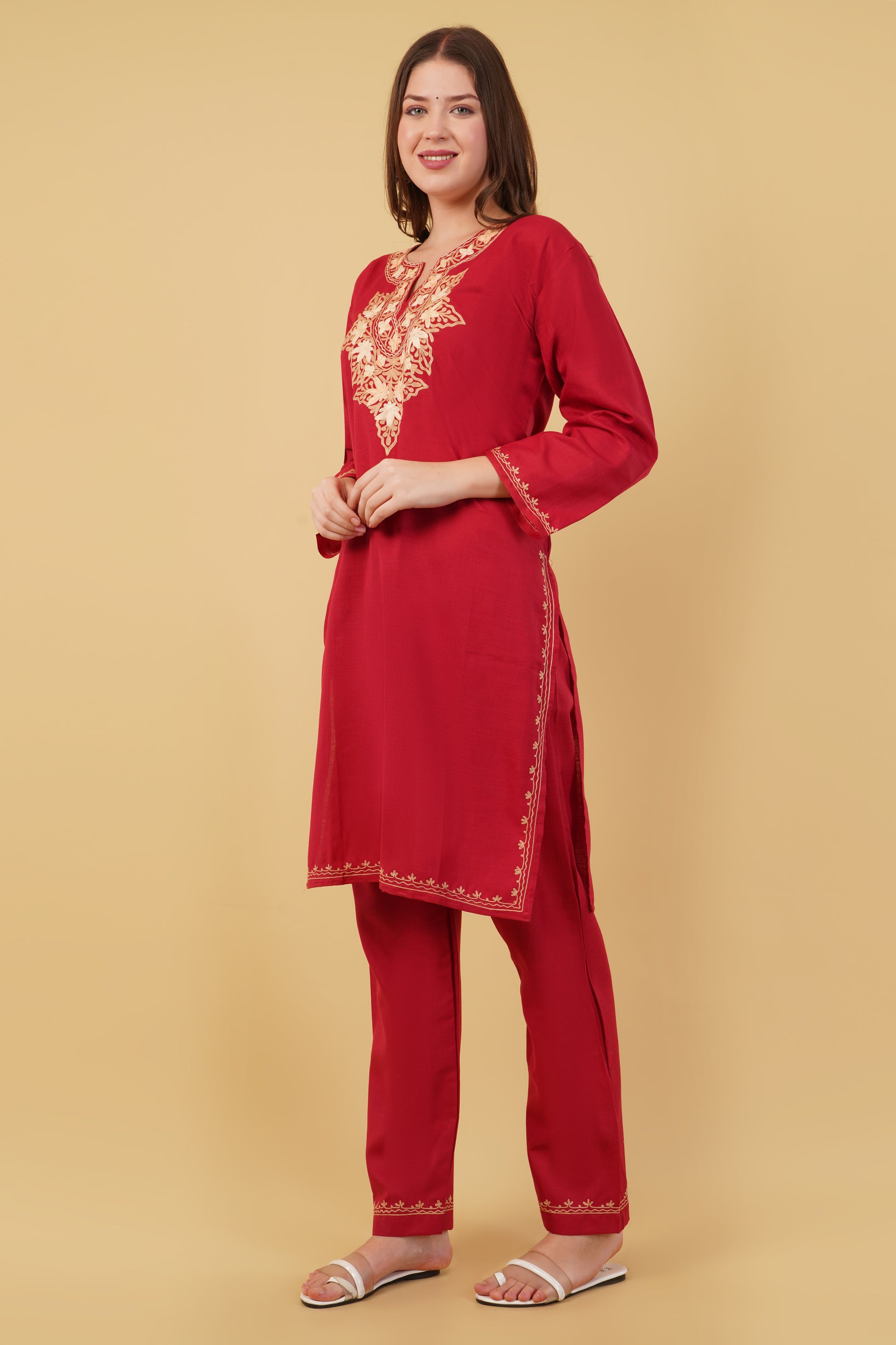Kashmiri Aari embroidery Cotton Co-ord set Size-40(Red)