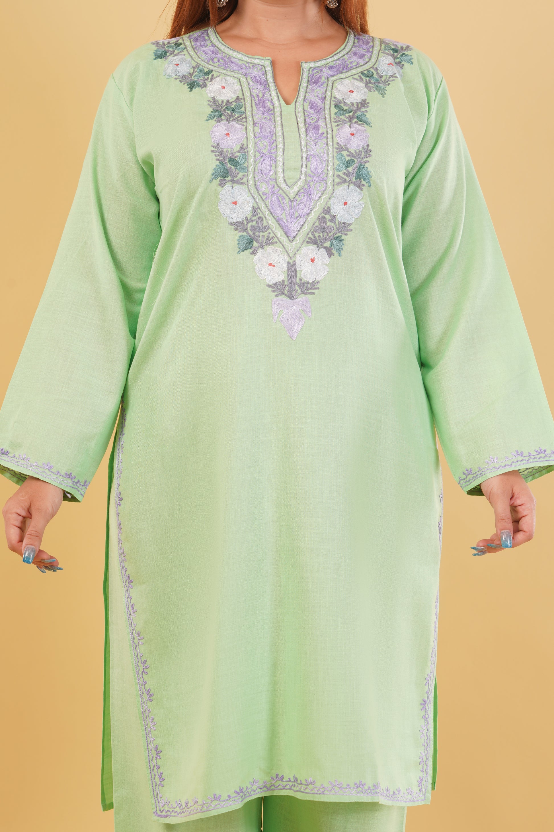 Kashmiri Aari embroidery Cotton Co-ord set Size-44 (Green)