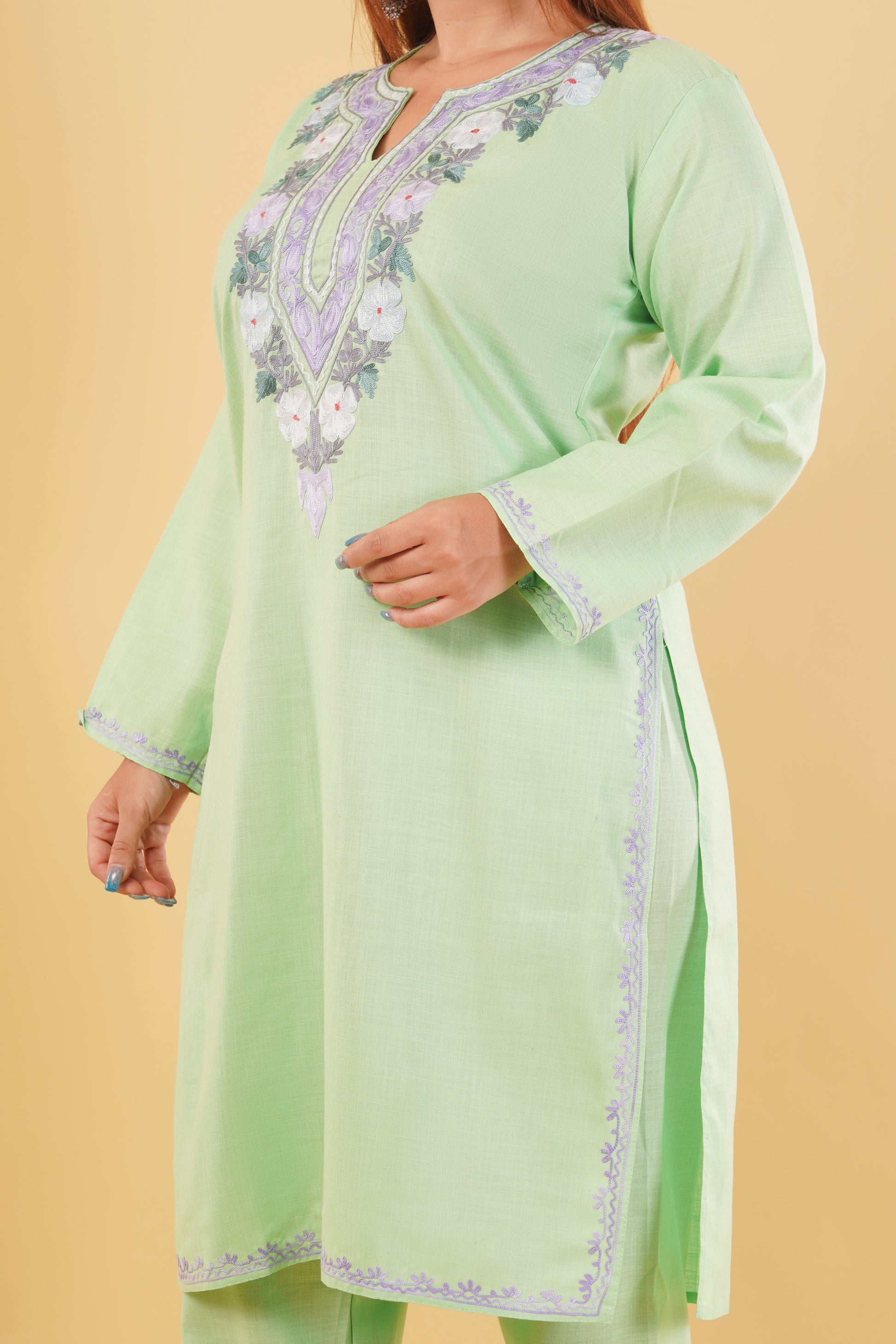 Kashmiri Aari embroidery Cotton Co-ord set Size-44 (Green)
