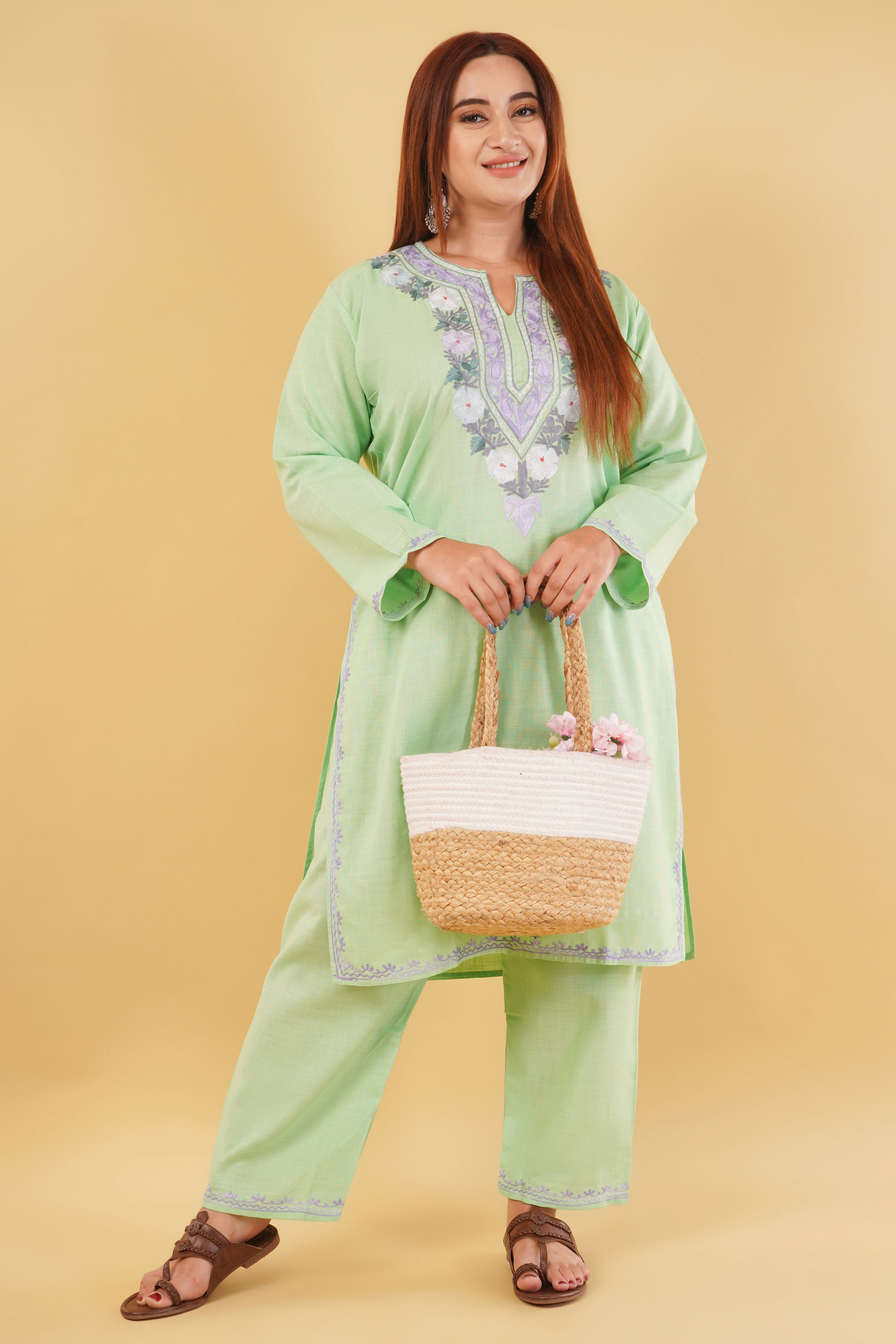 Kashmiri Aari embroidery Cotton Co-ord set Size-44 (Green)