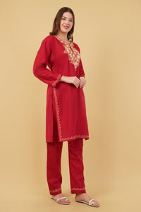 Kashmiri Aari embroidery Cotton Co-ord set Size-40(Red)
