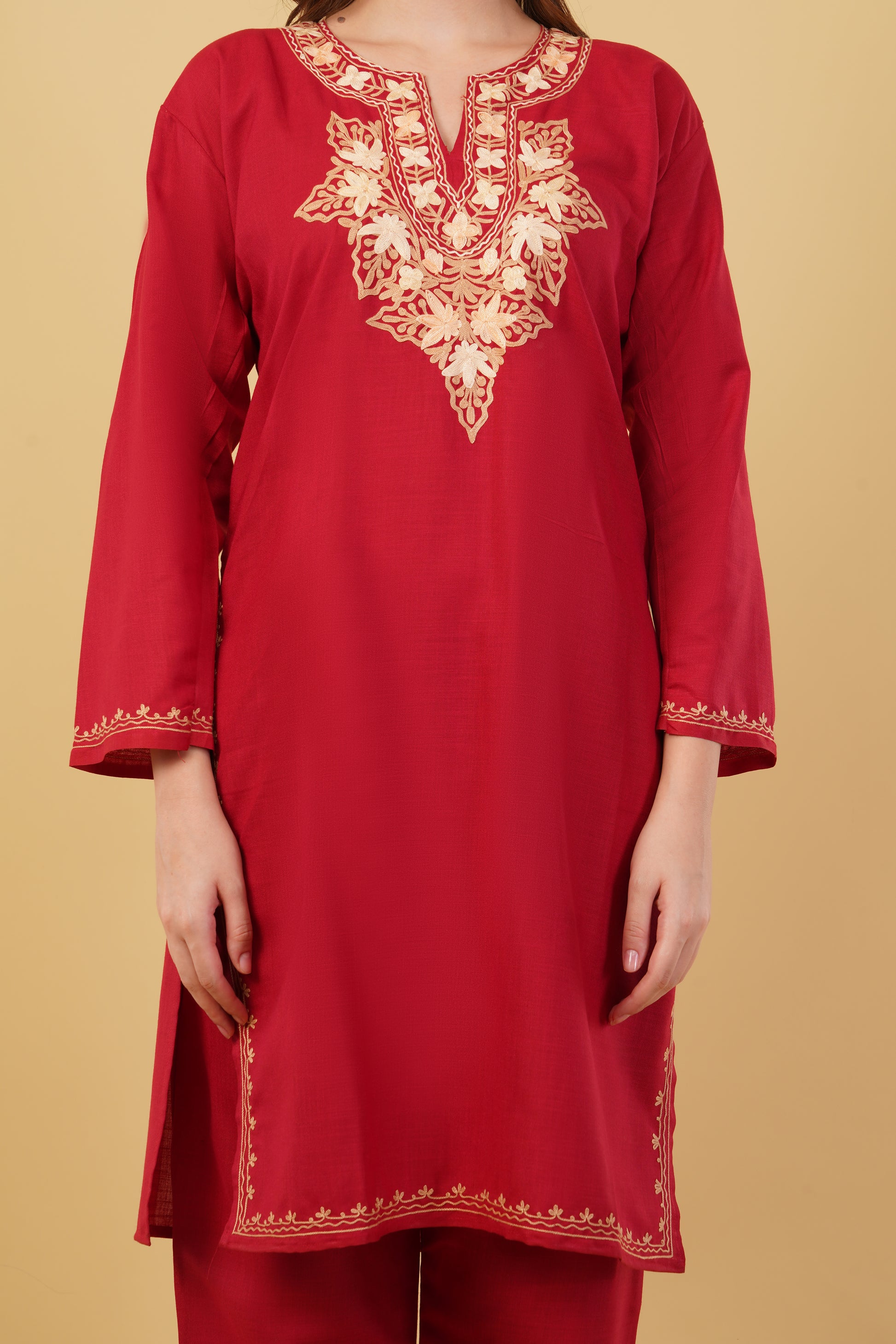 Kashmiri Aari embroidery Cotton Co-ord set Size-40(Red)