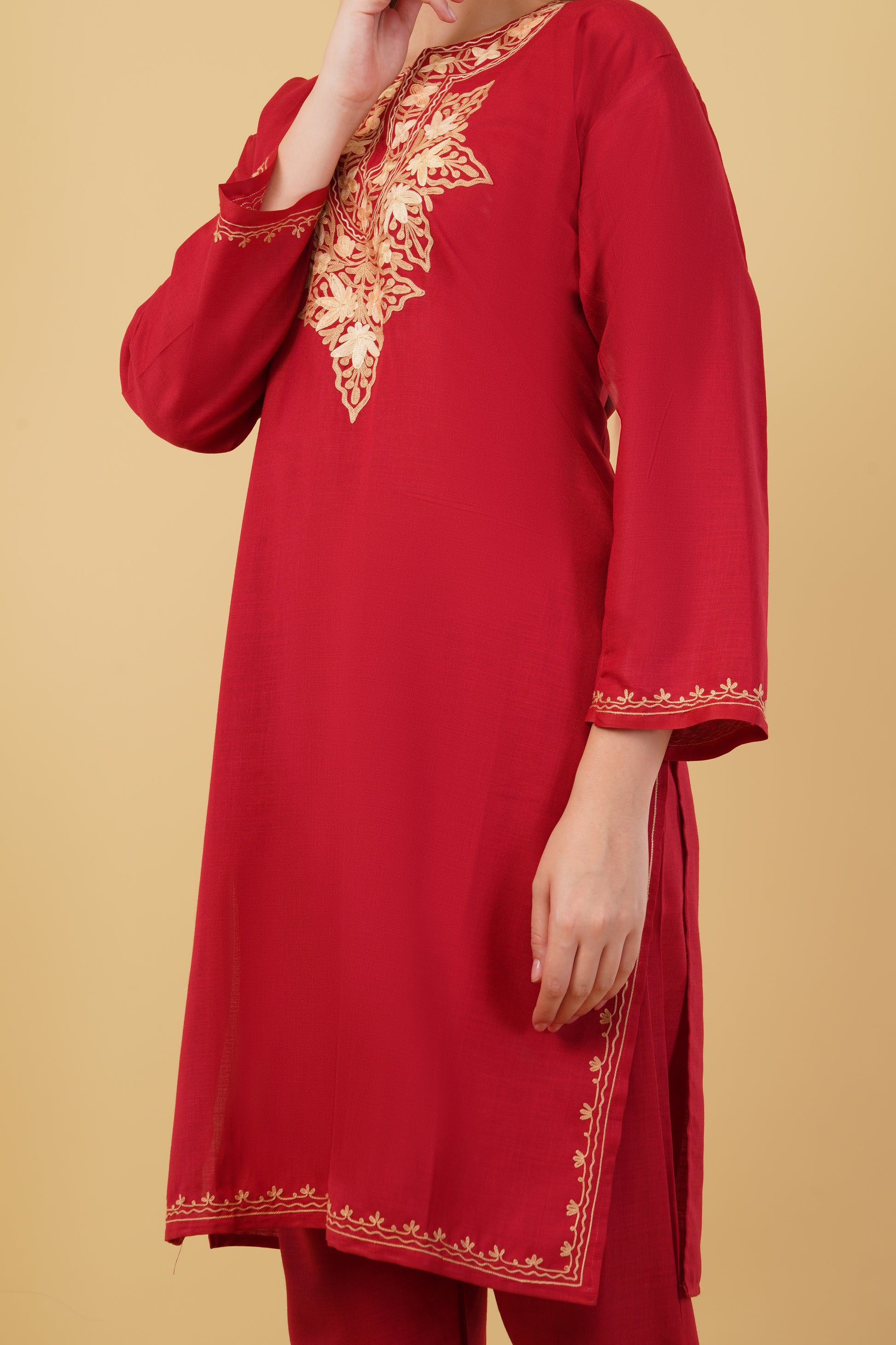Kashmiri Aari embroidery Cotton Co-ord set Size-40(Red)