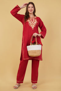 Kashmiri Aari embroidery Cotton Co-ord set Size-40(Red)