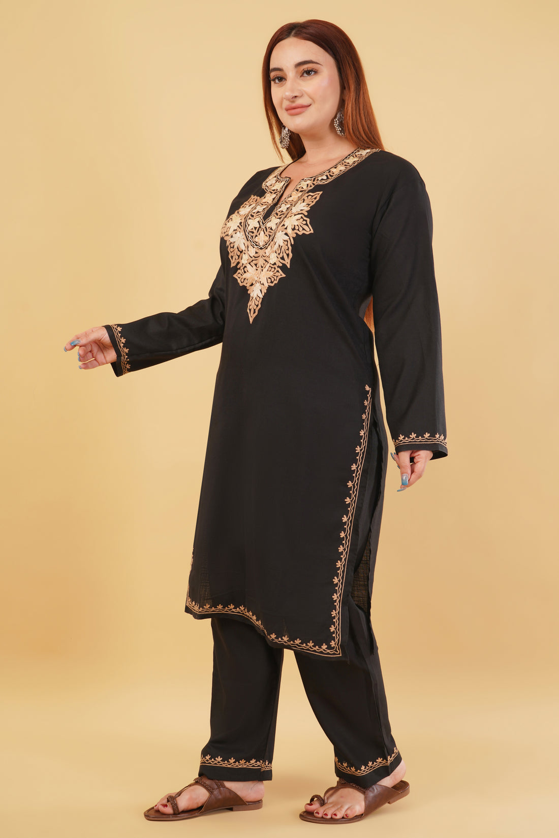 Kashmiri Aari embroidery Cotton Co-ord set Size-44 (Black)