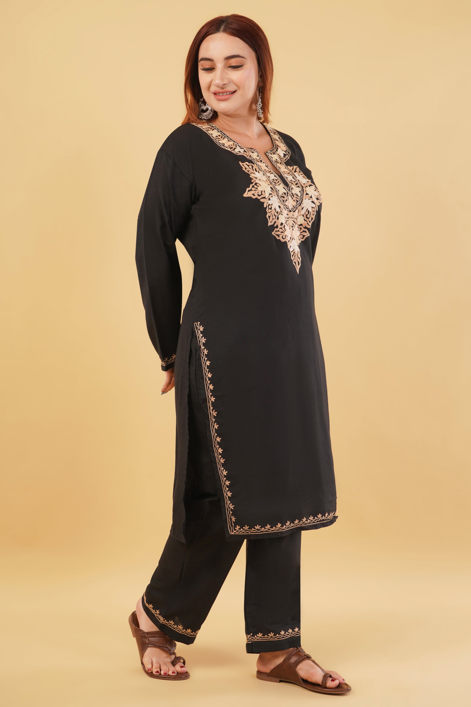 Kashmiri Aari embroidery Cotton Co-ord set Size-44 (Black)