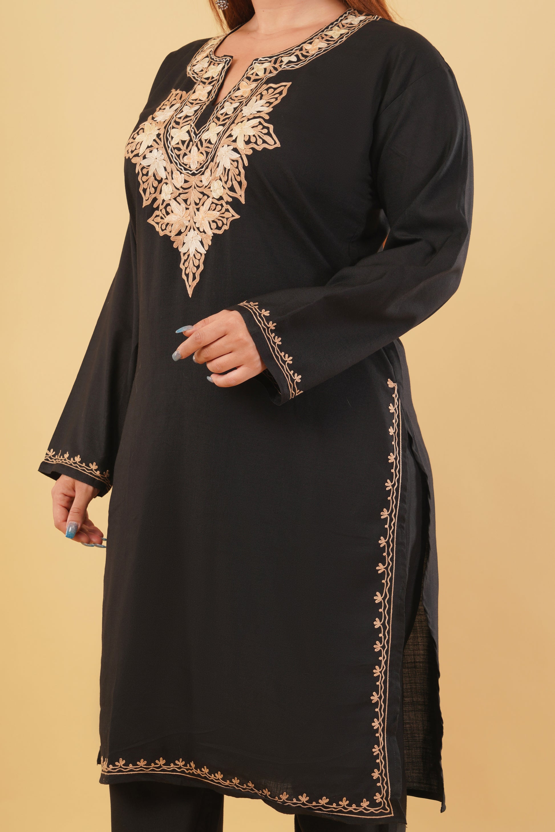 Kashmiri Aari embroidery Cotton Co-ord set Size-44 (Black)