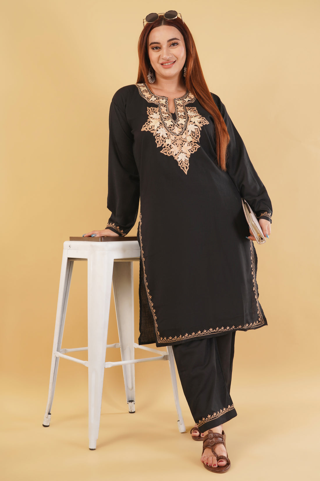 Kashmiri Aari embroidery Cotton Co-ord set Size-44 (Black)