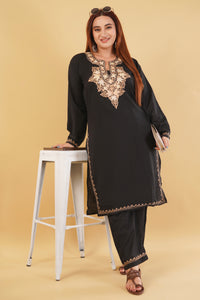 Kashmiri Aari embroidery Cotton Co-ord set Size-44 (Black)